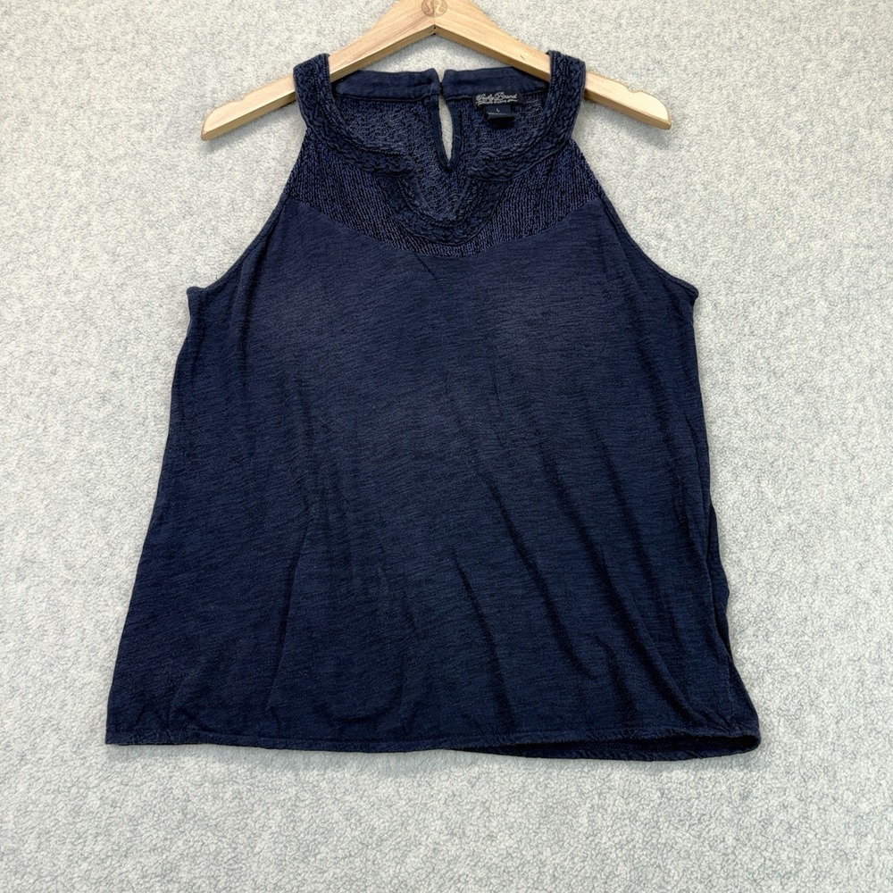 Lucky Brand Women's Embroidered Mesh Yoke Tank Top Navy Blue Size L